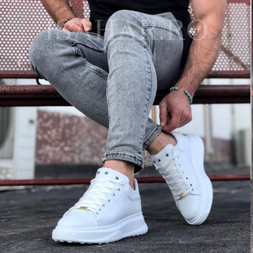 Pantofi sport barbati, albi, cu trei aplicatii metalice, casual, ISAHAR