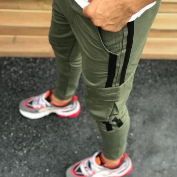 Pantaloni barbati, kaki, cu dungi laterale negre, ISAHAR