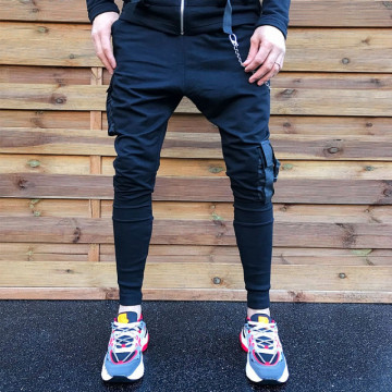 Pantaloni barbati negri, cu buzunare laterale aplicate