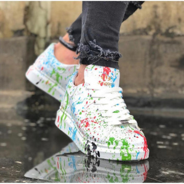Pantofi sport albi, cu imprimeu colorat, talpa inalta si cusuta, ISAHAR