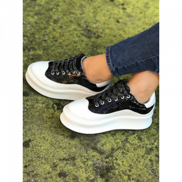 Pantofi sport dama, albi cu paiete negre
