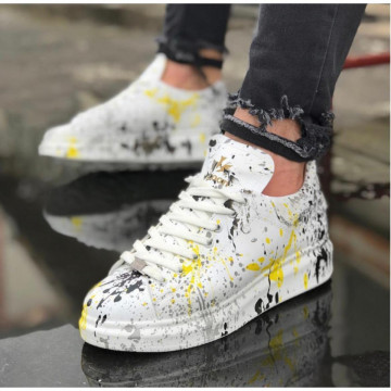 Pantofi sport unisex, albi cu imprimeu, casual, talpa cusuta din spuma