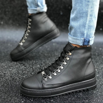Ghete barbati casual negre cusute, confectionate din piele ecologica, usoare, model casual