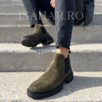 Ghete barbati, piele naturala 100%, kaki, talpa flexibila, cusuta si confortabila, Isahar