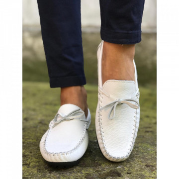 Mocasini barbati, albi, din PIELE NATURALA, ISAHAR