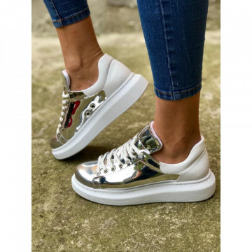 Pantofi sport dama, argintii, cu talpa inalta din spuma