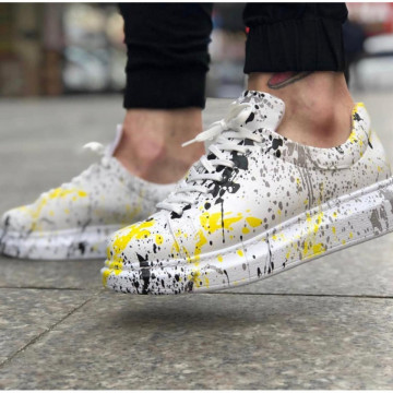 Pantofi sport unisex, albi cu imprimeu, casual, talpa cusuta din spuma