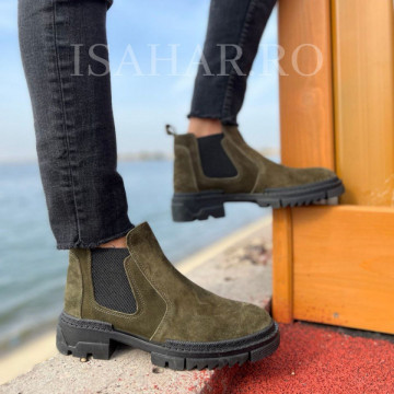 Ghete barbati, piele naturala 100%, kaki, talpa flexibila, cusuta si confortabila, Isahar
