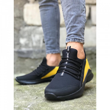 Pantofi sport negri, cu aplicatii galbene si talpa din spuma