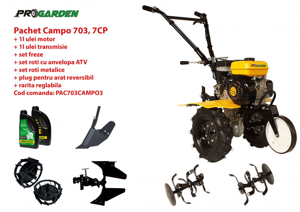 Pachet motocultor Campo 753, benzina, 7CP, 2+1 trepte, roti ATV, accesorii PR2, ulei motor si transmisie incluse