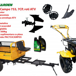 Pachet motocultor Campo 753, benzina, 7CP, 2+1 trepte, roti ATV, remorca 500kg, accesorii PR2, ulei motor si transmisie incluse