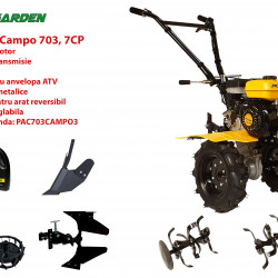 Pachet motocultor Campo 753, benzina, 7CP, 2+1 trepte, roti ATV, accesorii PR2, ulei motor si transmisie incluse