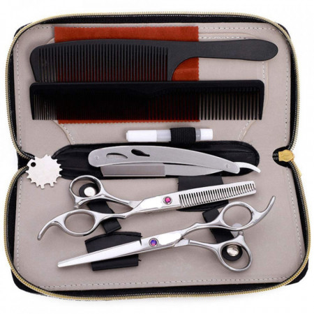 Set profesional foarfeca de tuns si filat Troy marime 6" cu geanta, brici metalic si piepteni pentru frizerie salon coafor