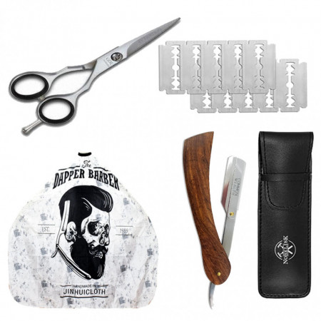 Set foarfeca de tuns frizerie coafor Dapper cu pelerina barber brici metalic 10 lame otel suedez si etui