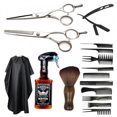 Set frizerie Vincent cu foarfeca tuns si filat, pelerina coafor, brici metalic, pamatuf si pulverizator imitatie sticla Whisky