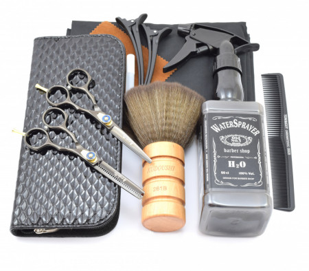Set frizerie coafor Ardette model Monden 11 piese cu foarfeca de tuns si filat, pelerina, piepten si etui