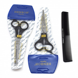 Set foarfece de tuns Henbor model Opax07 6 piese cu pelerina, pamatuf, pulverizator, piepten frizerie