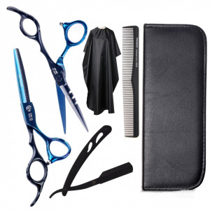Set kit frizerie coafor Belagio cu foarfeca tuns si filat albastru cu negru