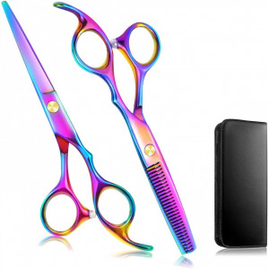 Set foarfeca de tuns si filat multicolor Fabio10 marime 6" si piepteni carbon clame pentru frizerie salon