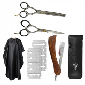 Set foarfeca tuns si filat frizerie coafor Seneca cu manta brici metalic 10 lame otel suedez si etui