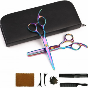 Set foarfeca de tuns si filat multicolor Fabio10 marime 6" si piepteni carbon clame pentru frizerie salon