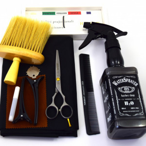 Set frizerie coafor Henbor model Ario02, 8 piese, cu foarfeca de tuns, pelerina, pamatuf, pulverizator, piepten