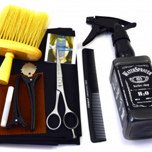 Set frizerie coafor Henbor model Ario01, 8 piese, cu foarfeca de tuns, pelerina, pamatuf, pulverizator, piepten