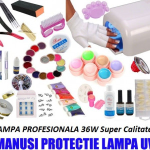 KIT SET Complet unghii false gel manichiura cu LAMPA UV 36 w geluri colorate MANUSI PROTECTIE