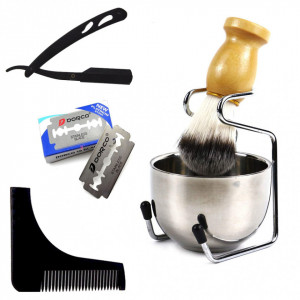Set complet barber cu brici metalic suport pamatuf si bol pentru ras barba