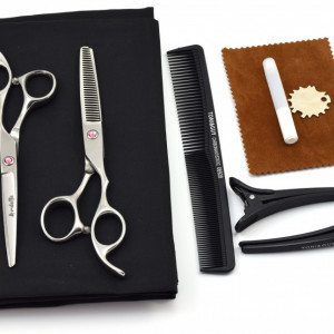 Set foarfece de tuns si filat Ardette model Opax09 cu 7 piese manta, clipsuri si piepten pentru frizerie