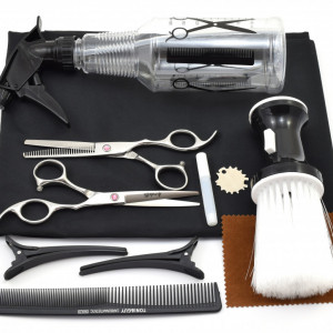 Set frizerie coafor Ardette model Opax06 cu 10 piese cu foarfeca de tuns si filat, pelerina, pamatuf, pulverizator, piepten