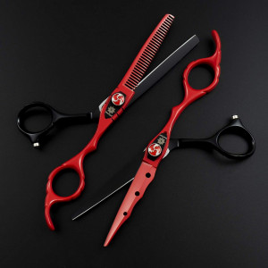 Set complet frizerie barber Praga cu foarfeca tuns si filat rosu negru brici metalic manta barbershop