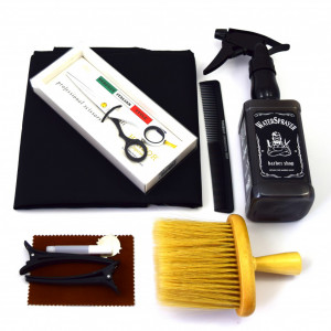 Set frizerie coafor Henbor model Ario04, 8 piese, cu foarfeca de tuns, pelerina, pamatuf, pulverizator, piepten