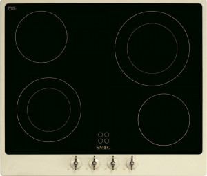 Plită încorporabilă vitroceramică, retro, Colonial, 60 cm, ramă crem, butoane alamă, Smeg P864PO