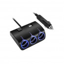 Adaptor bricheta auto cu 3 sloturi + 2 porturi USB si lumina Led, 12/24V, Negru