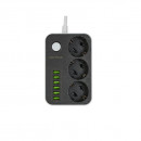 Prelungitor Serioux 3 prize, 6xUSB, intrerupator, protectie supratensiune, 1.6m, Negru