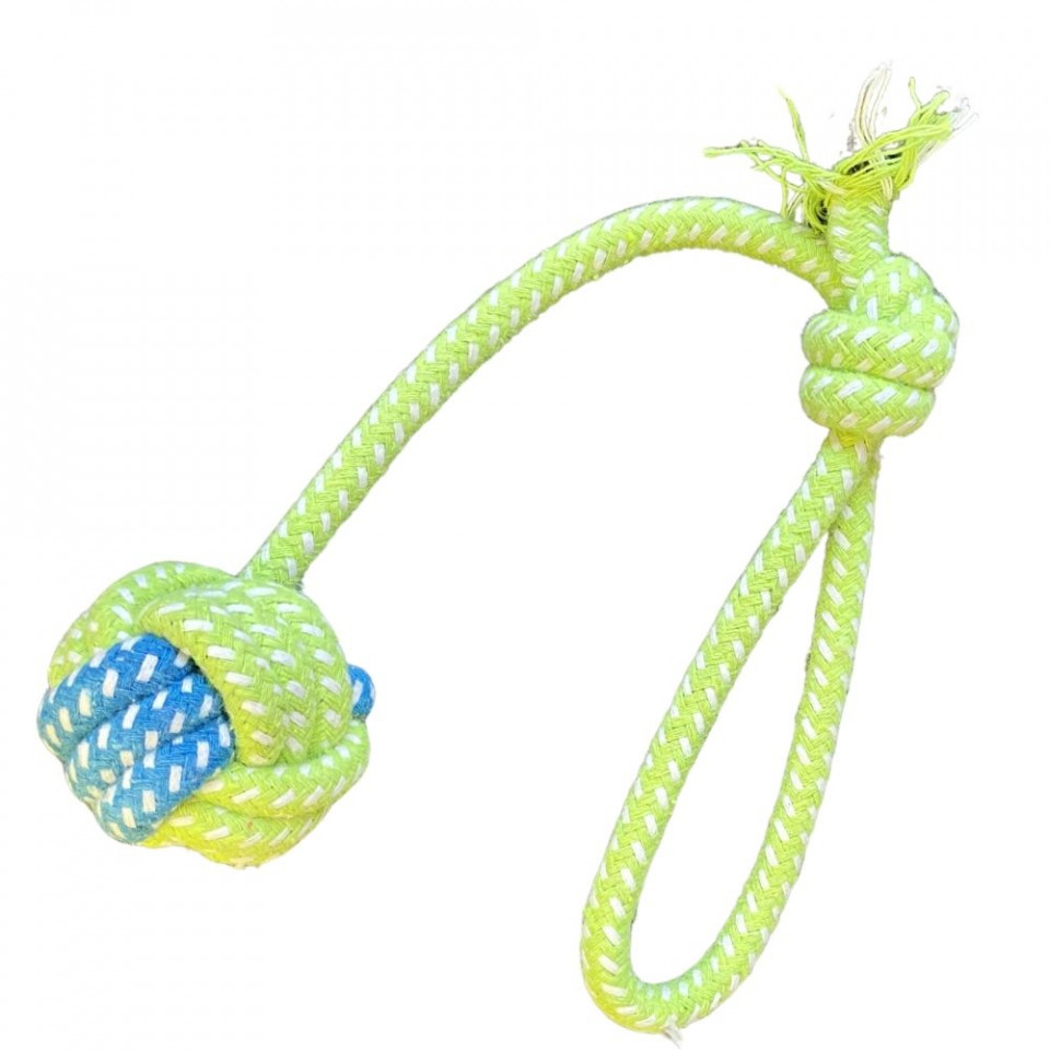 Jucarie antrenament pentru caini - Minge cu nod si maner verde