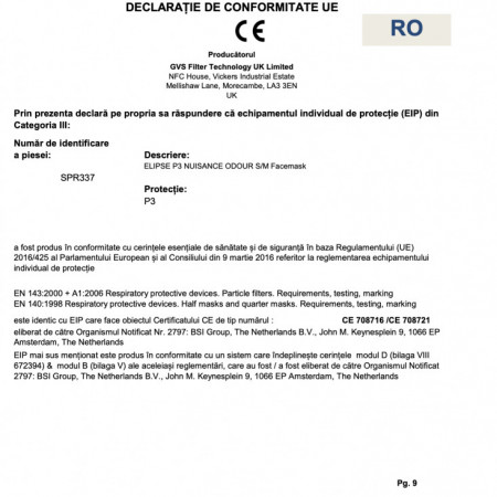 Masca FFP3/ GVS Elipse P3 reutilizabila, cu valva, autoclavabila, filtrare virusi, cu filtru anti miros