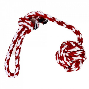 Jucarie pentru caini - Minge rosie impletita cu maner din sfoara 38cm