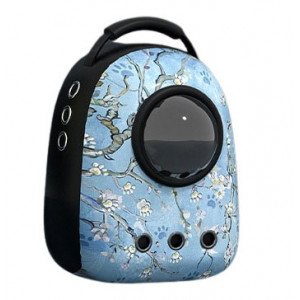 Rucsac hublou transport pisici solid oval bleu si flori de cires