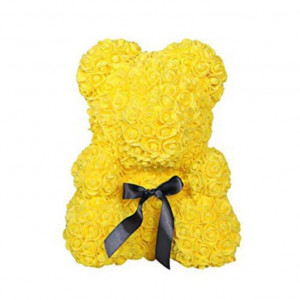 Ursulet floral galben din Trandafiri 40 cm, decorat manual, cutie cadou