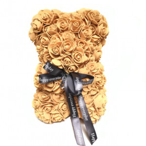 Ursulet floral golden din Trandafiri 25 cm, decorat manual, cutie cadou