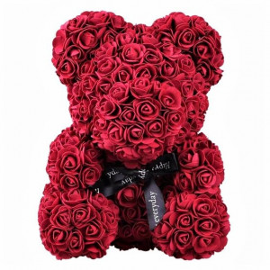 Ursulet floral bordo din Trandafiri 40 cm, decorat manual, cutie cadou