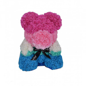 Ursulet Floral Teddy Bear pink rainbow din Trandafiri de spuma, 40 cm, in cutie cadou