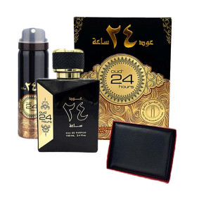Pachet Nouvas, Parfum arabesc Ard al Zaafaran, Oud 24 Hours 100ml, Deodorant Spray 50ml si portofel din piele naturala