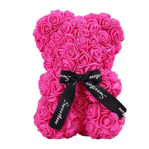 Ursulet floral din Trandafiri 25 cm, decorat manual, cutie cadou, roz aprins