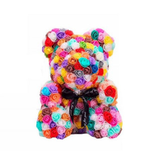 Ursulet floral multicolor din Trandafiri 30 cm, decorat manual, cutie cadou