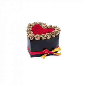Aranjament floral inima cu trandafiri de sapun Gold Lux, rosu cu margini aurii