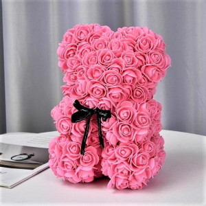 Ursulet floral roz din Trandafiri 25 cm, decorat manual, cutie cadou