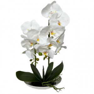 Orhideea aritificiala cu aspect natural in ghiveci ceramic, stil barcuta, alb